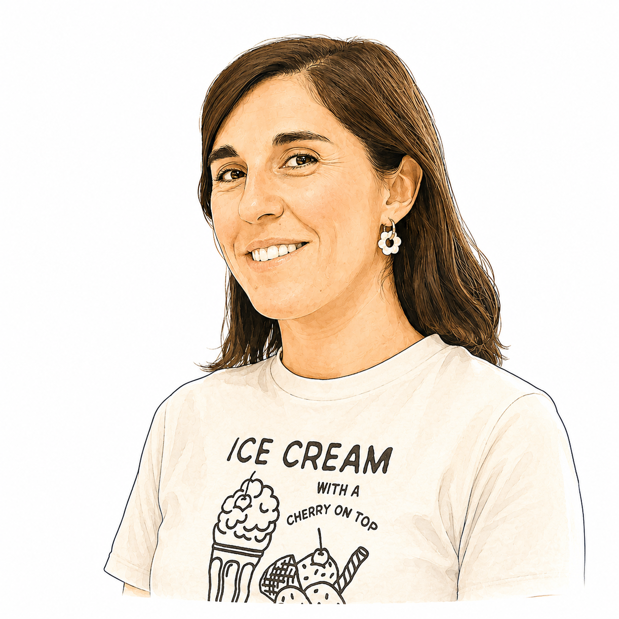 Femme souriante portant un t-shirt blanc avec une illustration de crème glacée et le texte 'Ice Cream with a Cherry on Top'.