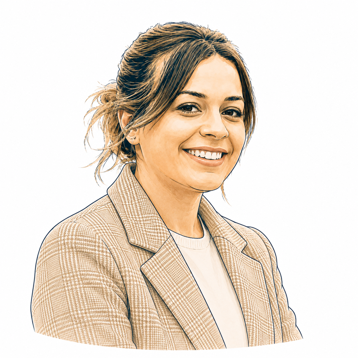 Portrait d'une femme souriante avec des cheveux attachés, portant une veste en tweed et un t-shirt blanc, contre un fond blanc.