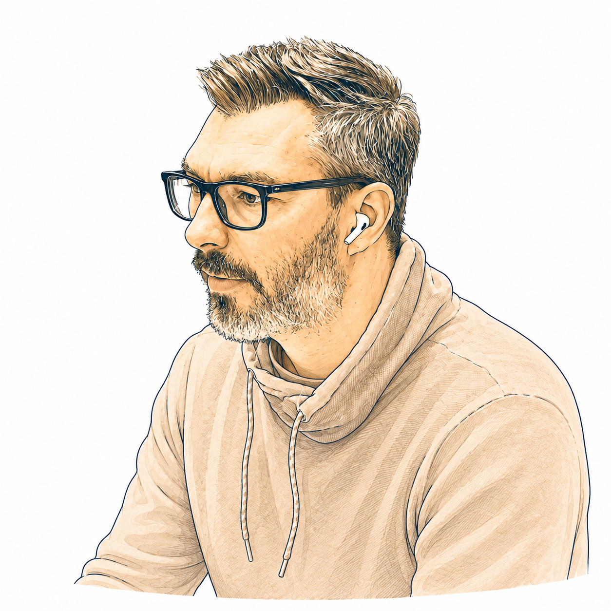 Portrait d'un homme aux cheveux bruns avec une barbe, portant des lunettes et des écouteurs, en pull beige, vue de profil.