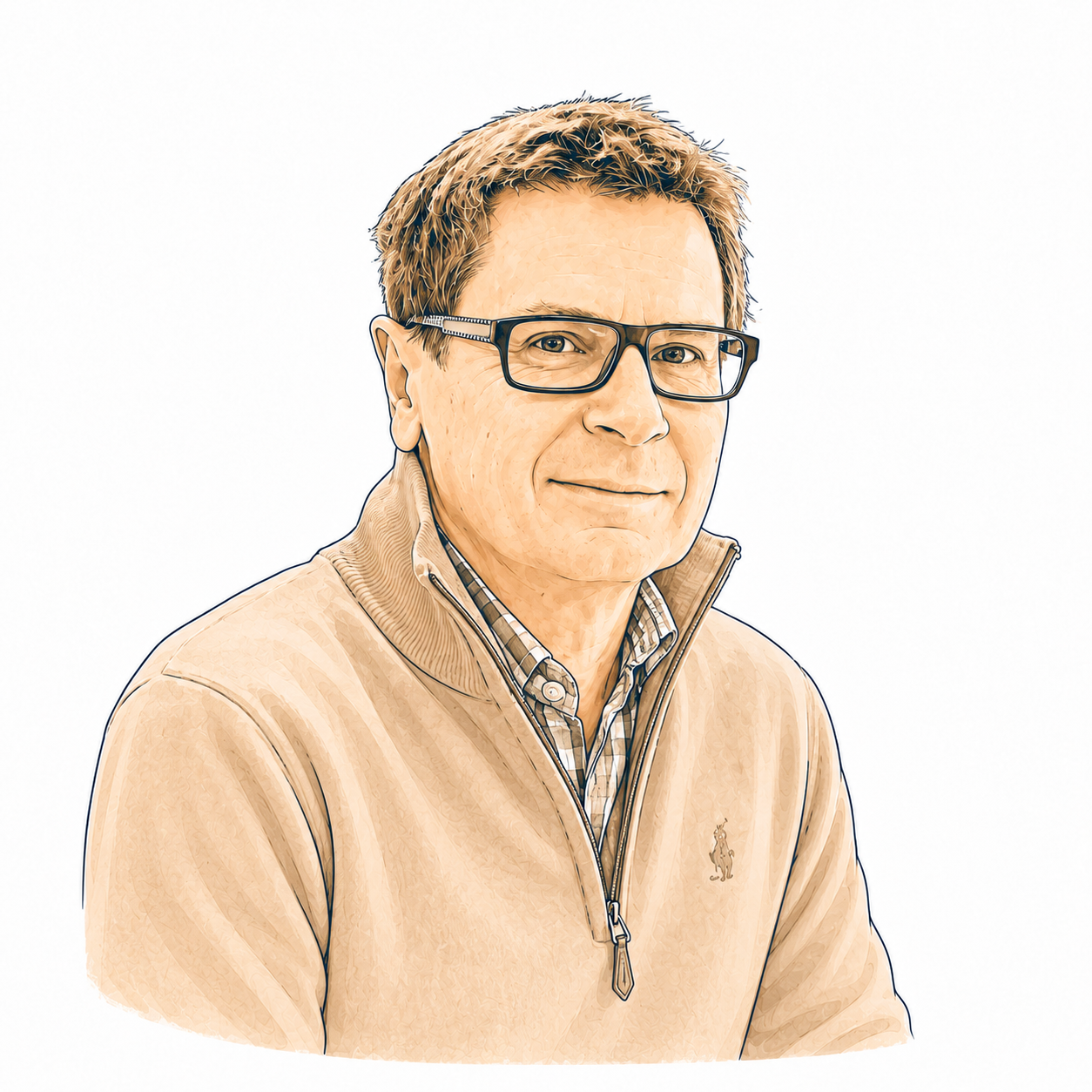 Portrait d'un homme portant des lunettes, un pull beige et une chemise à carreaux. Fond blanc.