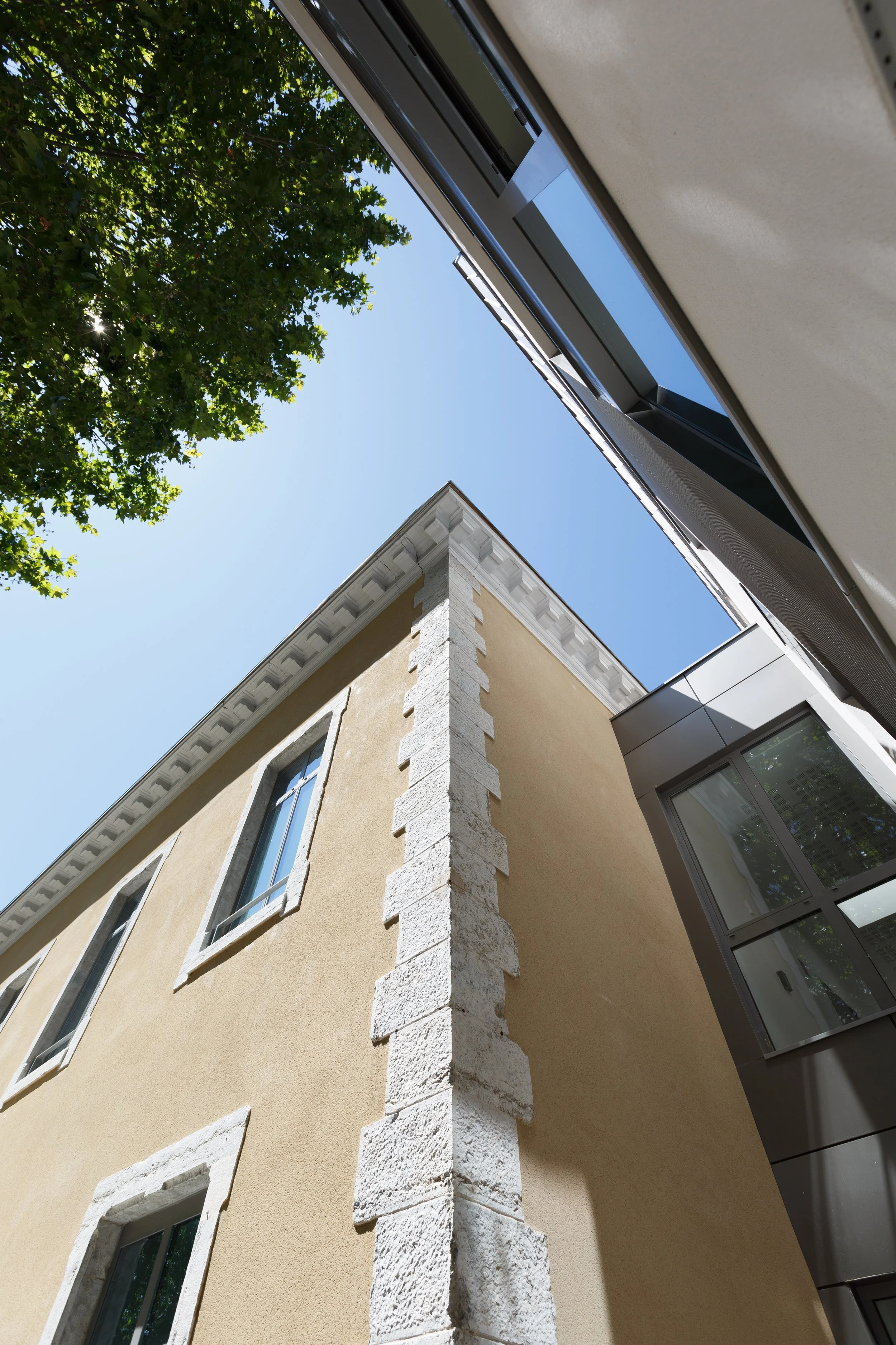 Une vue du haut d'un bâtiment beige avec des fenêtres à encadrement blanc, une colonne en pierre blanche, un arbre feuillu vert et un ciel bleu en arrière-plan.