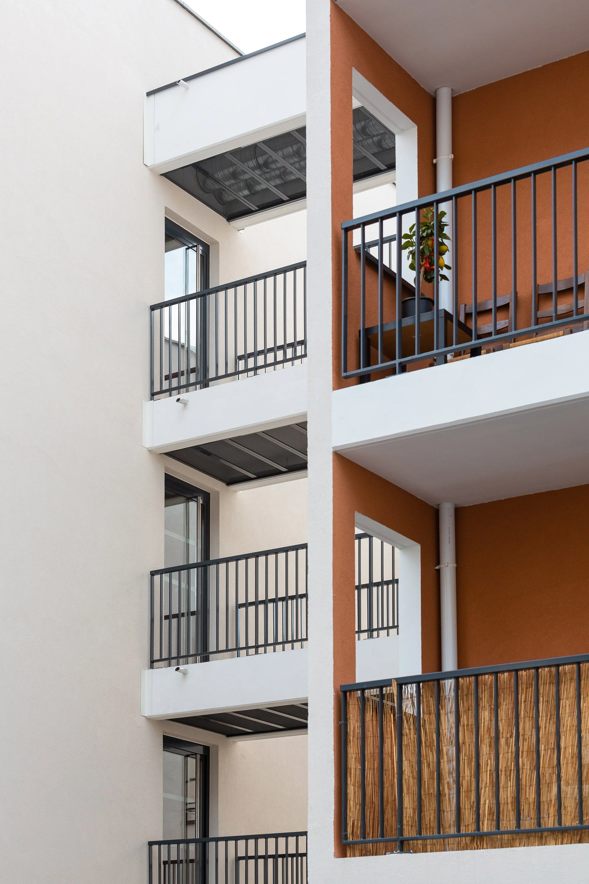Balcons d'un immeuble résidentiel avec des murs blanc, beige et orange, avec des fenêtres et une jardinière contenant un arbre fruitier.
