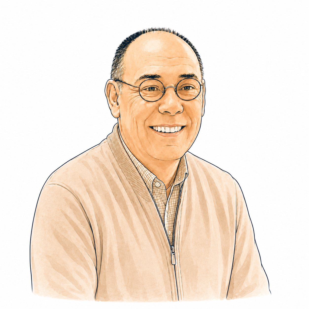 Un portrait numérique d'un homme souriant portant des lunettes rondes, une chemise à carreaux et une veste beige, sur fond blanc.