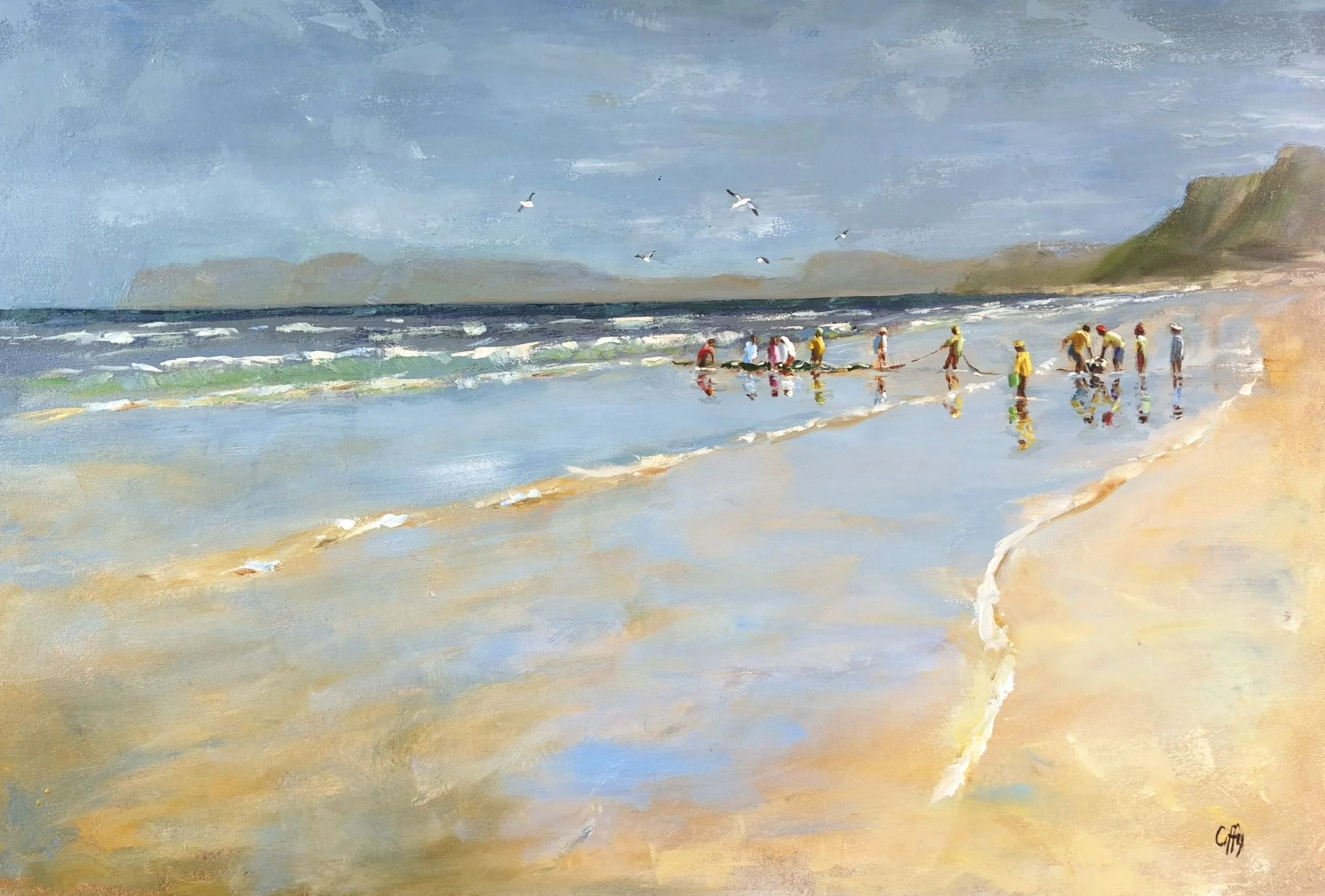oil painting of fishermen pulling in a net on the beach