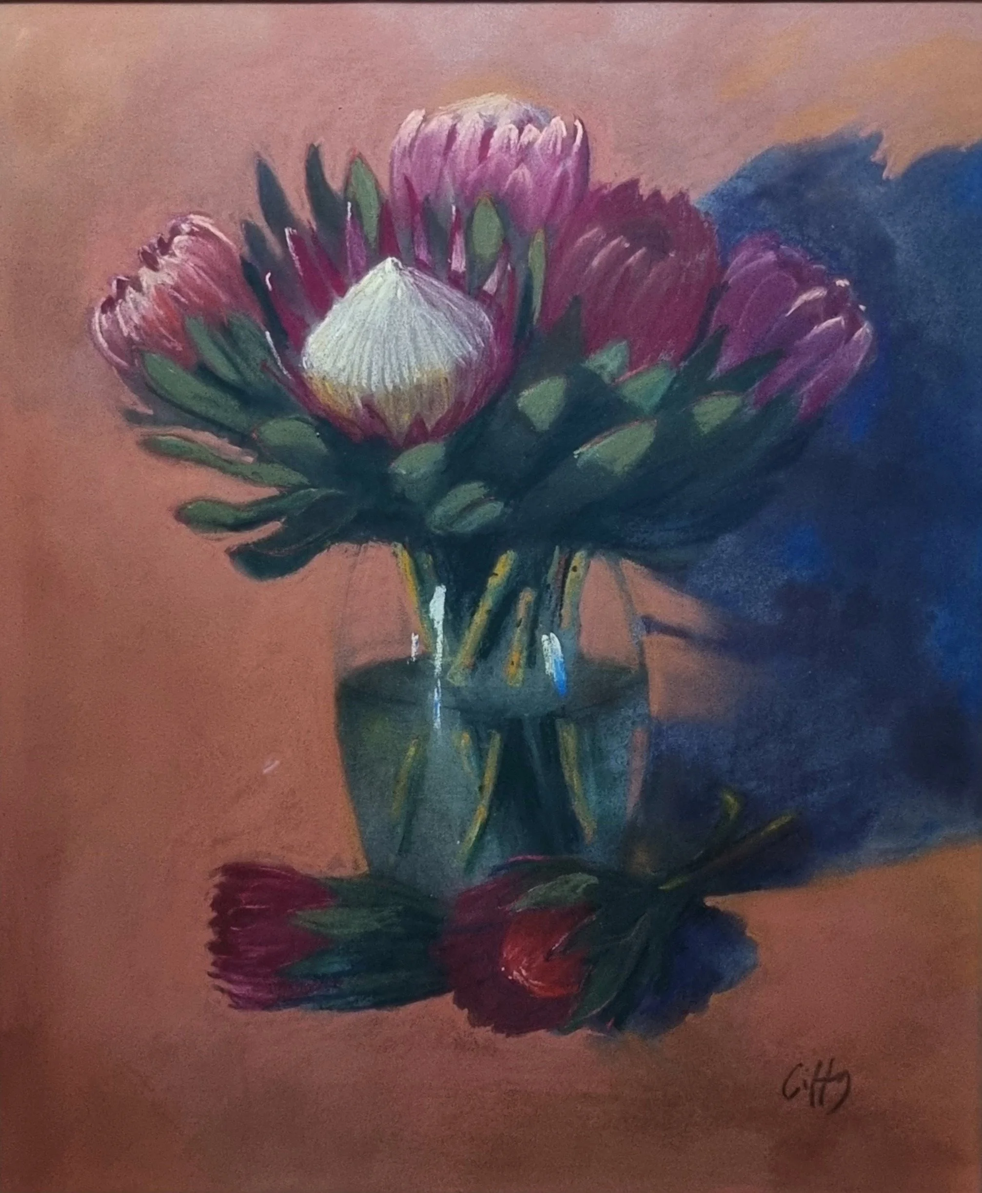 pastel painting of King proteas in a vase