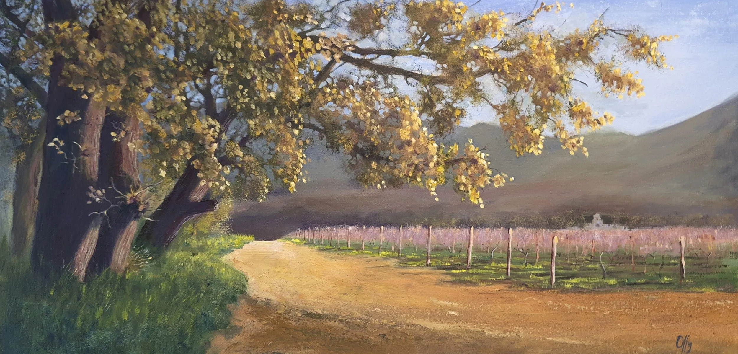 oil painting of Groot Constantia vineyard and oak tree