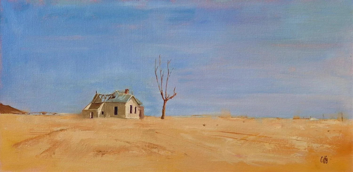 oil painting of derelict house in Namib desert