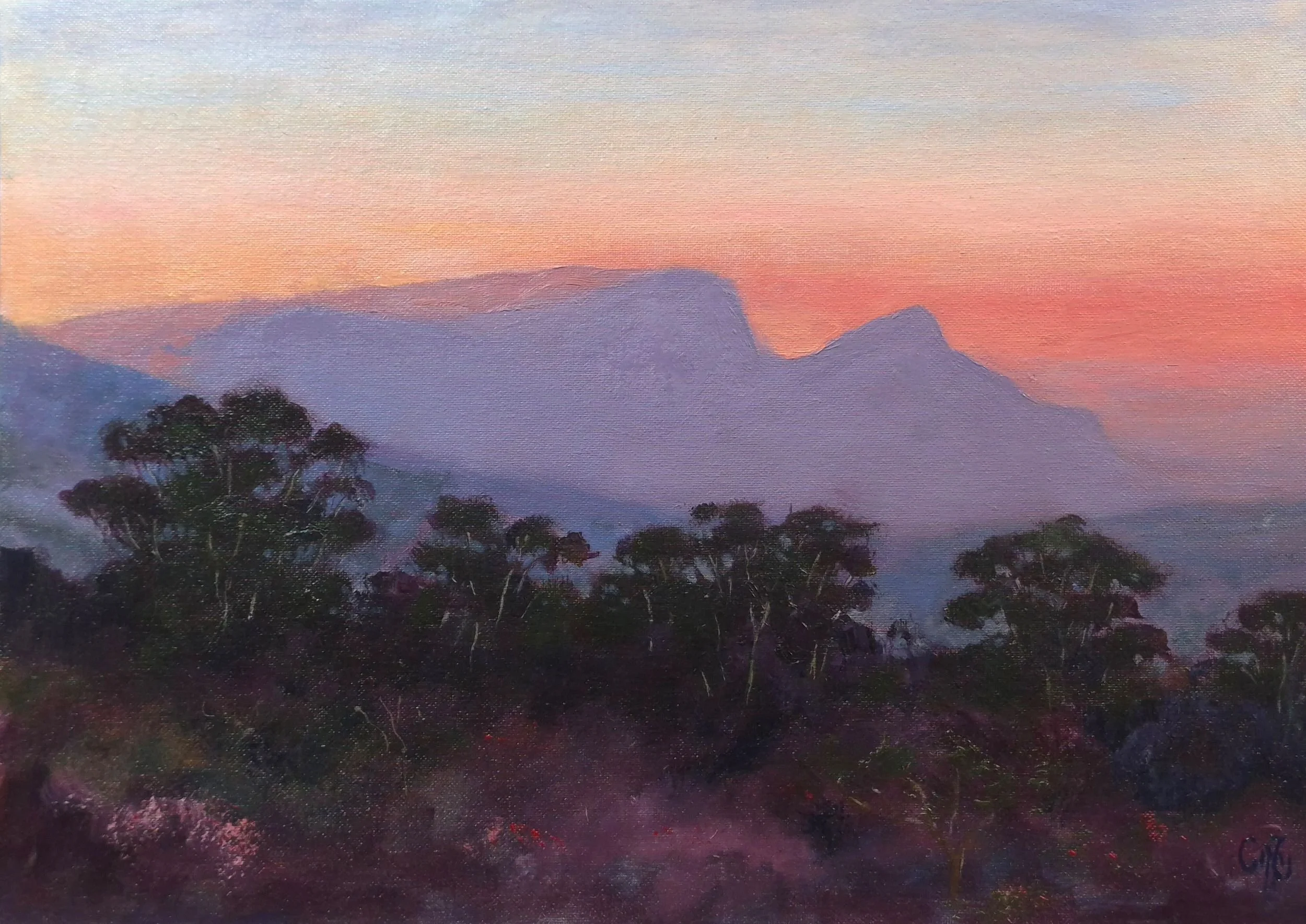 oil painting of Table Mountain at sunset