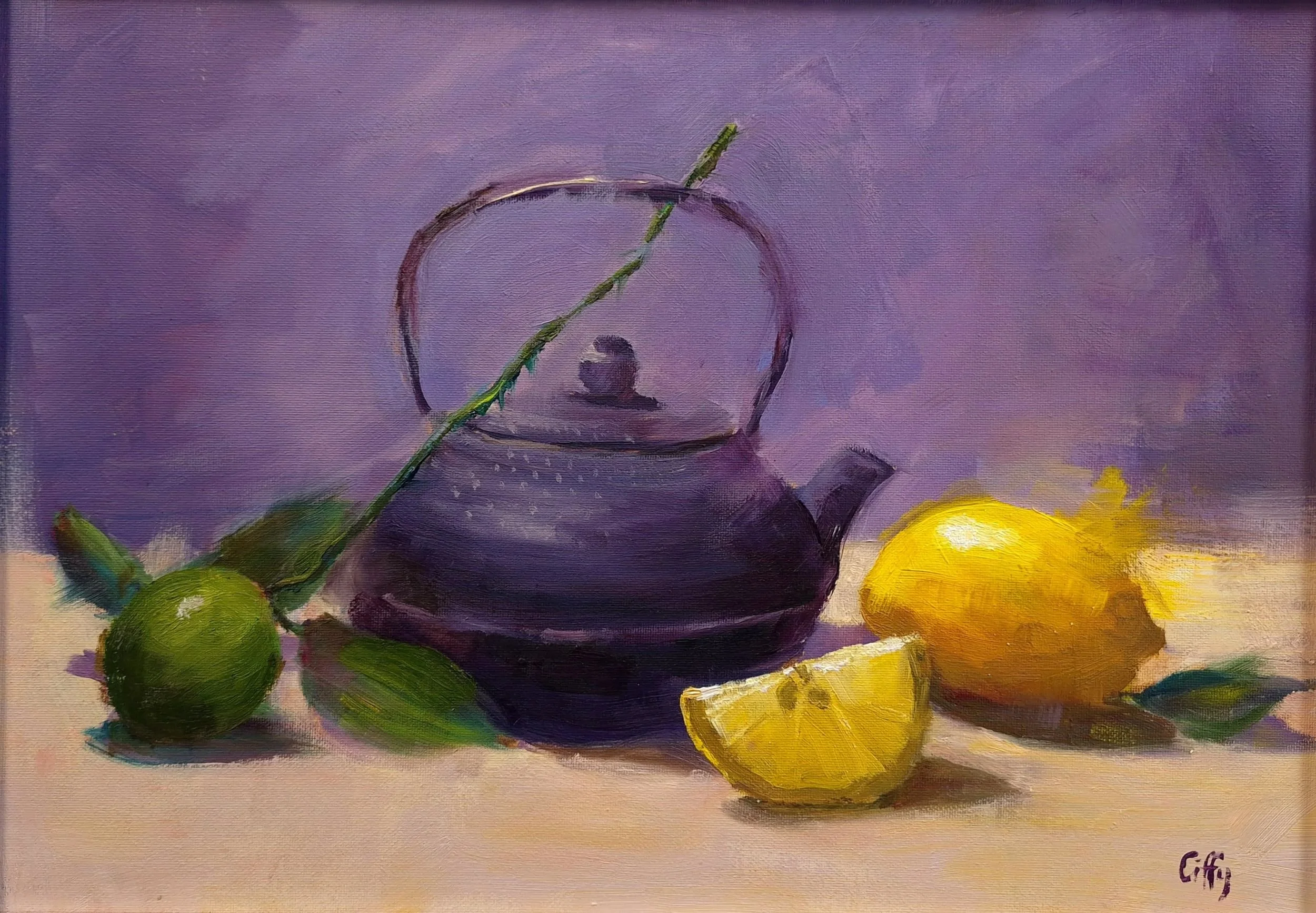 oil painting of teapot and lemons