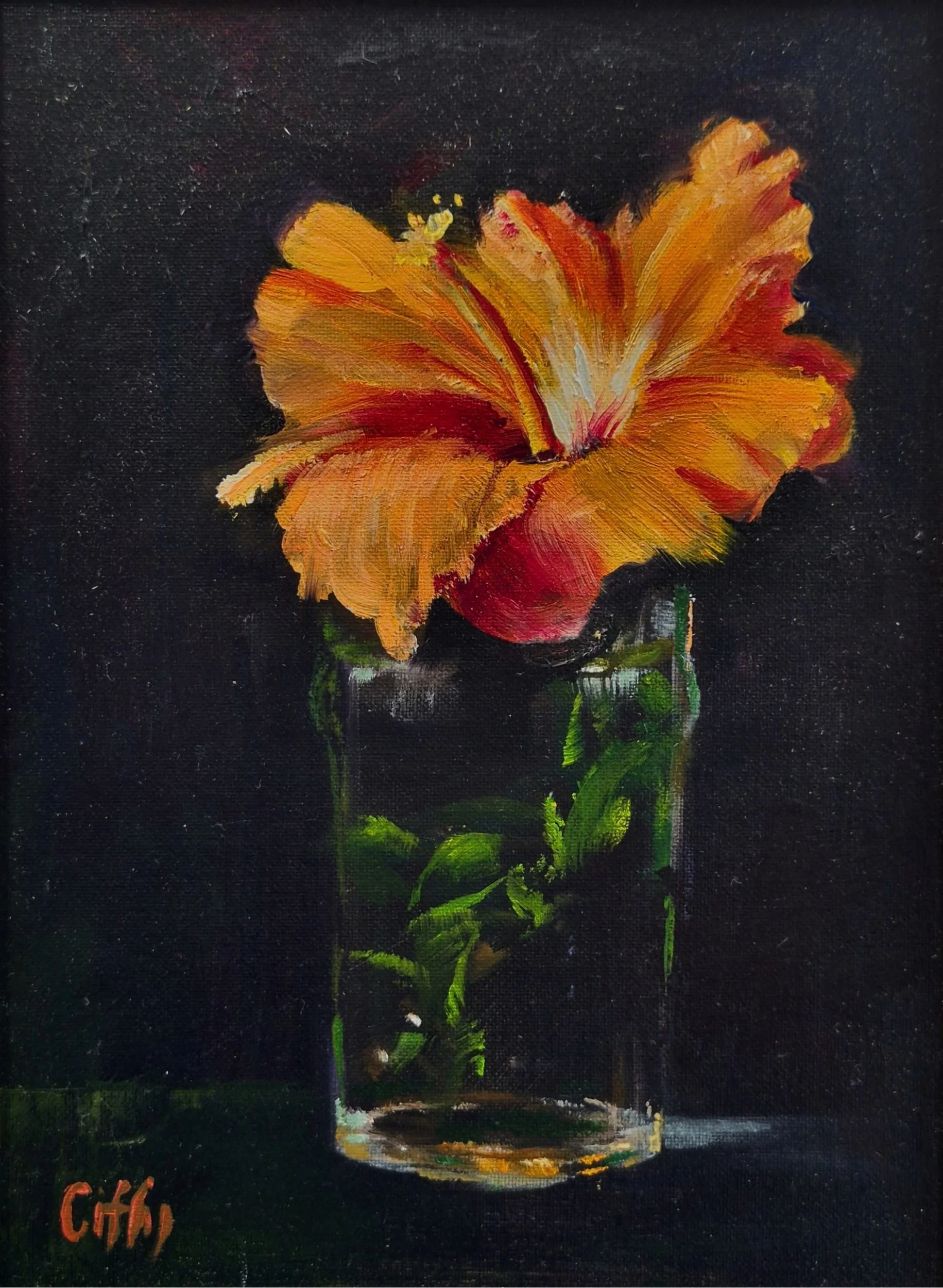 oil painting of hibiscus in glass