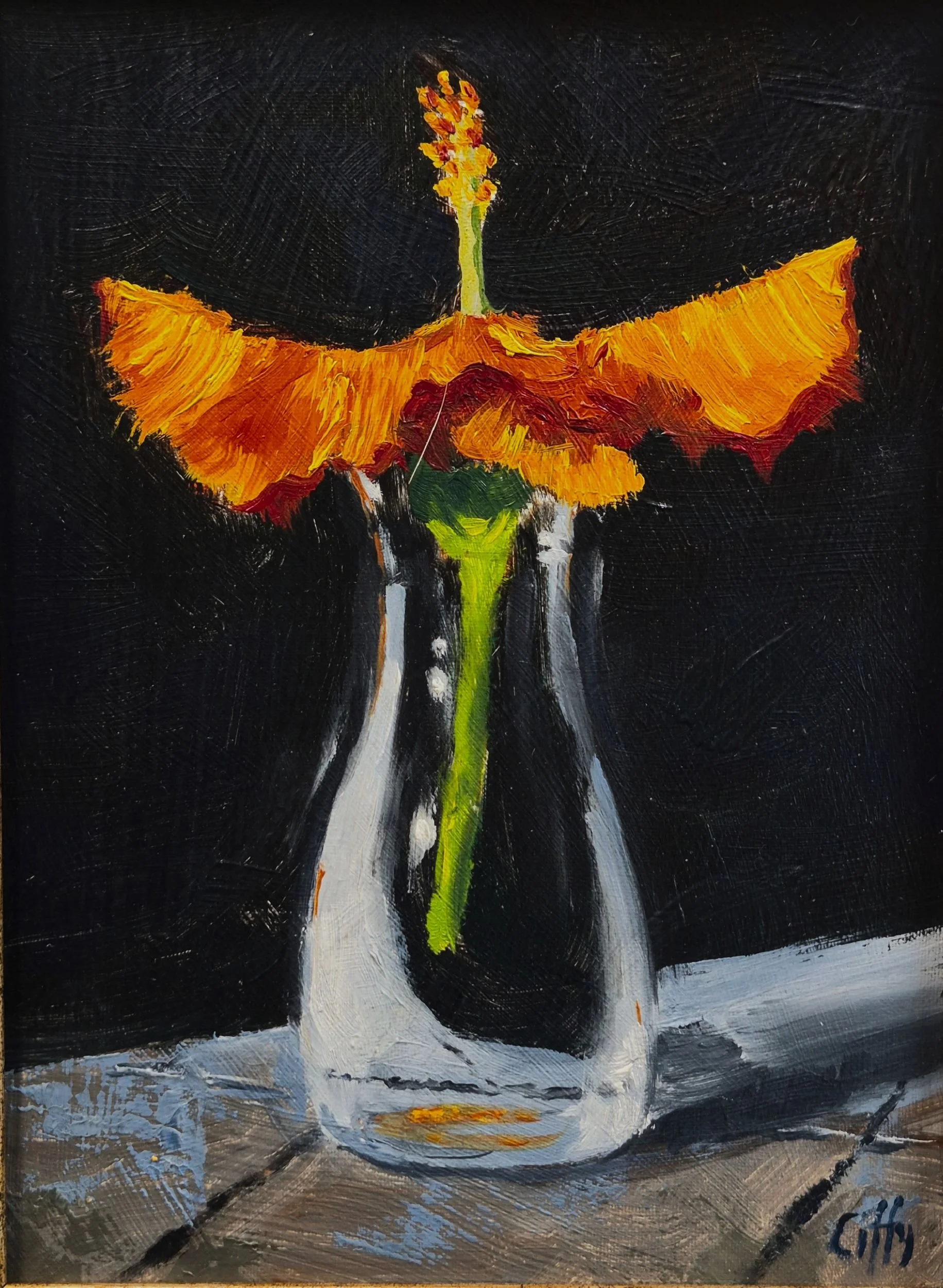 oil painting of hibiscus in vase
