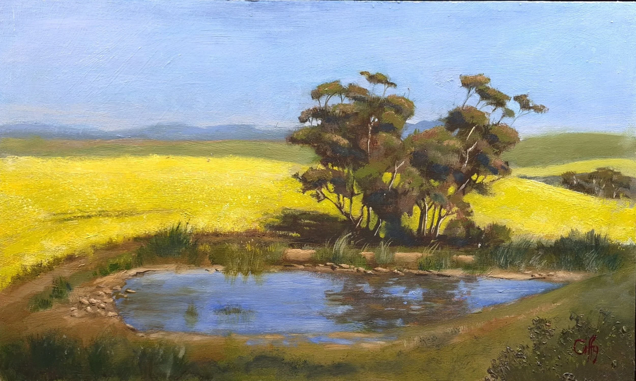 oil painting of yellow canola field with dam