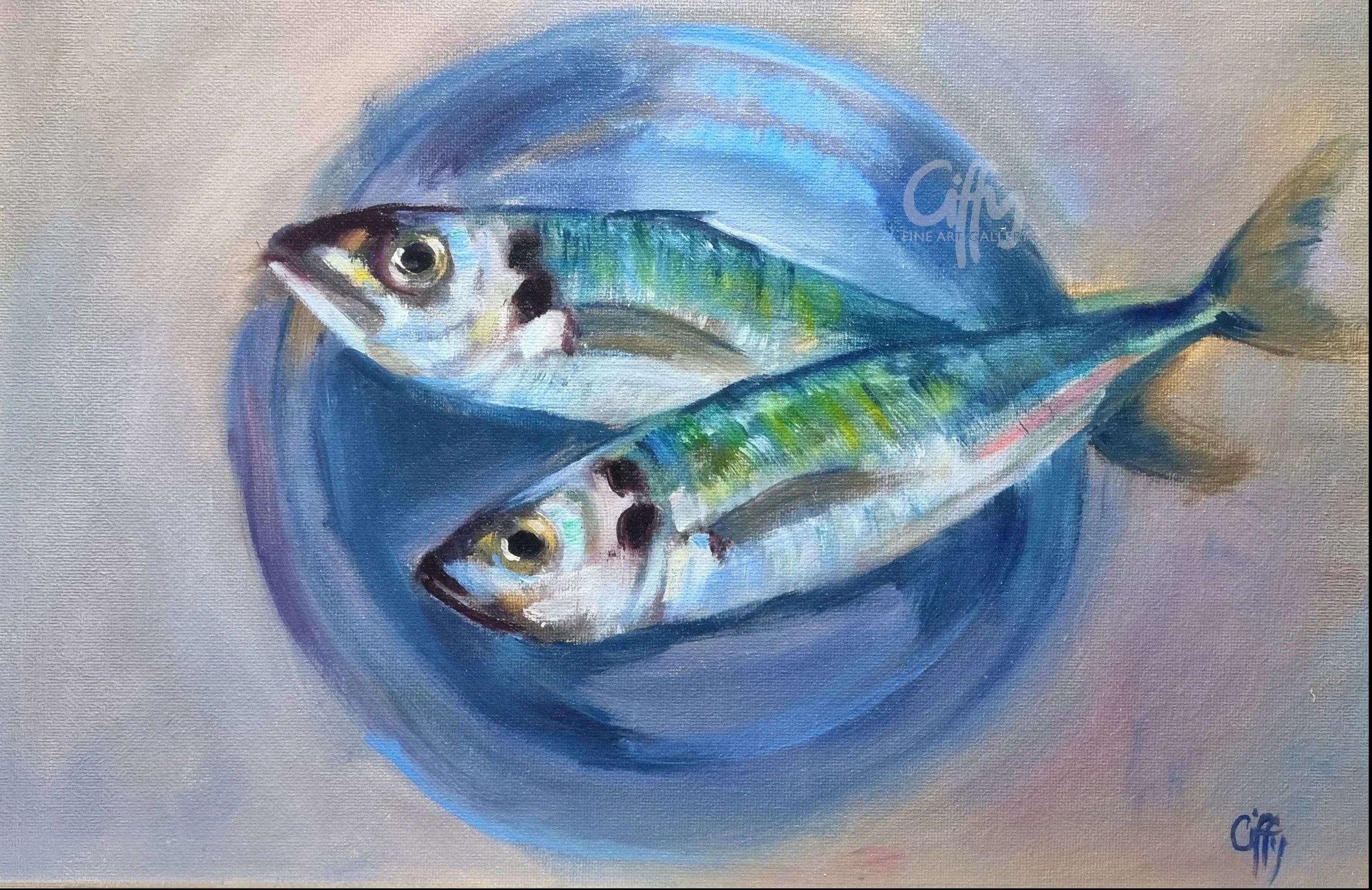 Painting of two fish with silvery and greenish scales on a circular blue background
