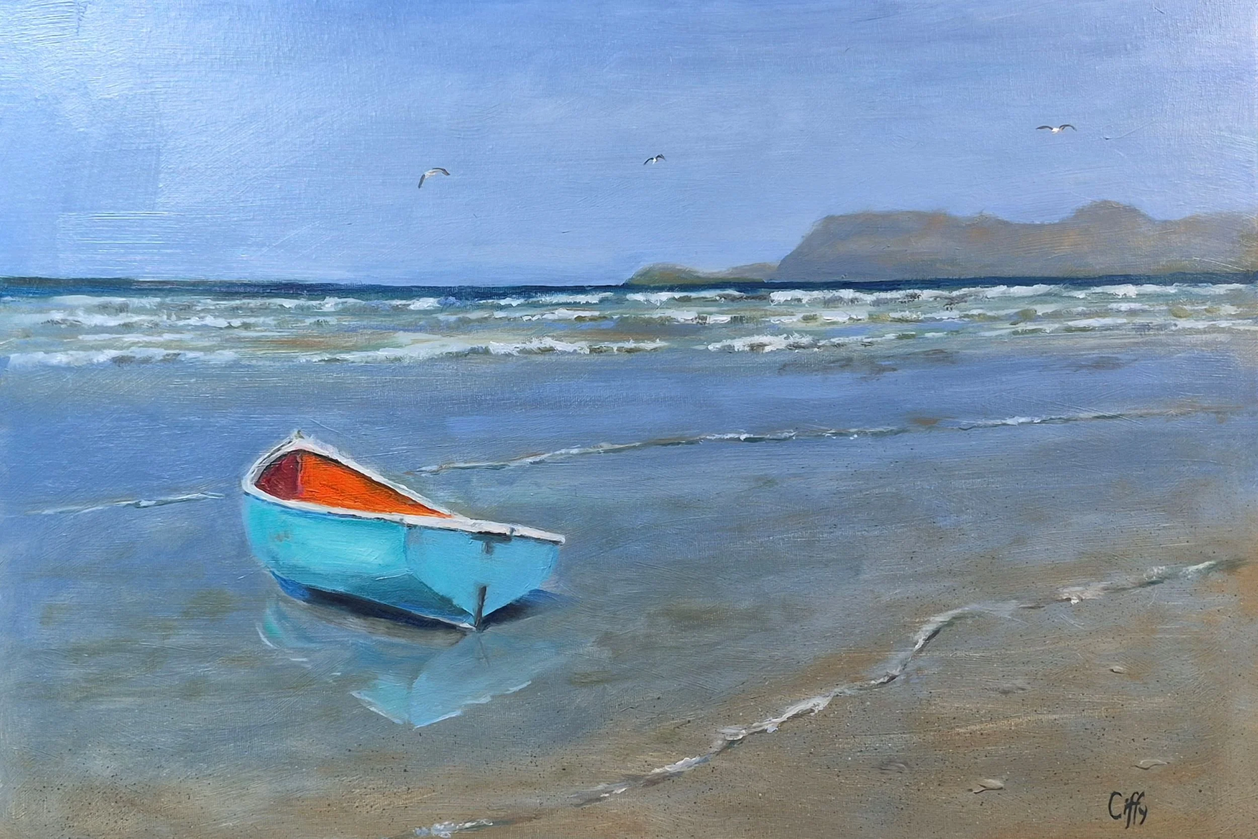 oil painting of boat on the beach