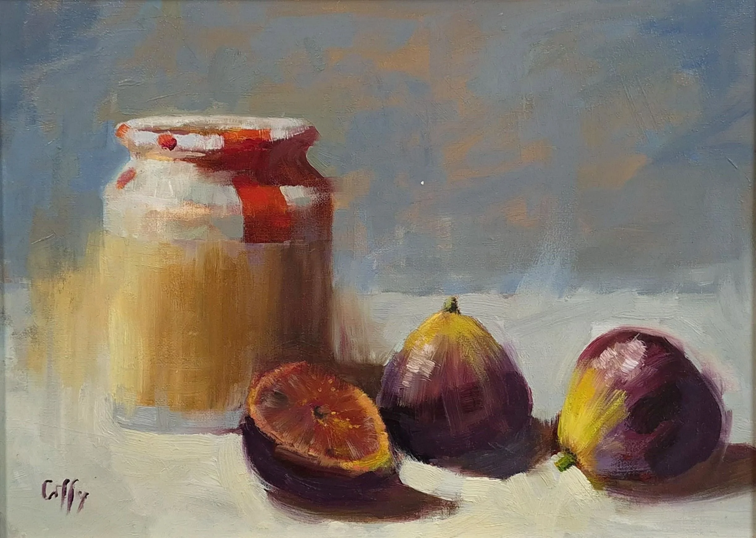 oil painting of mustard pot and figs