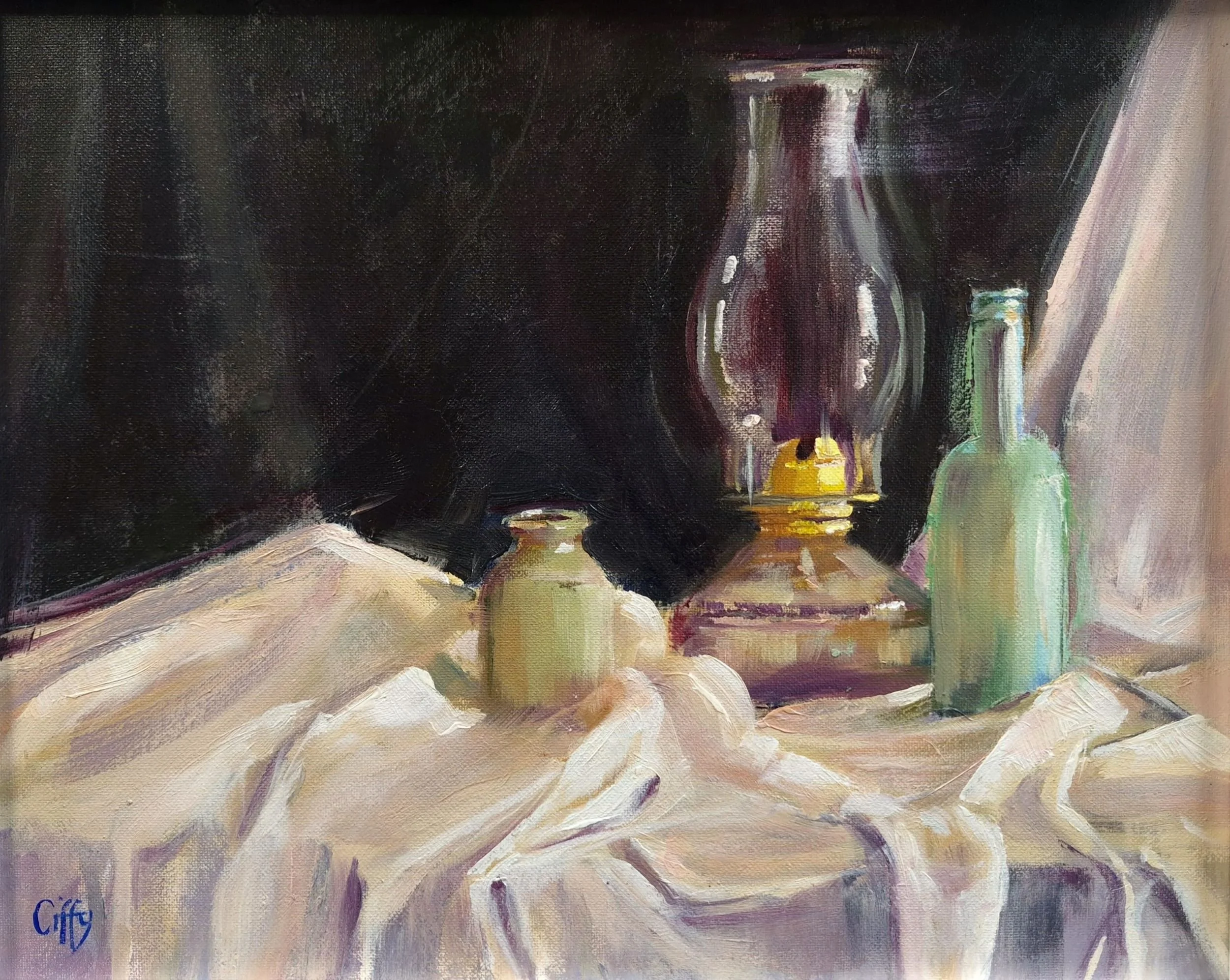 oil painting of lamp and drapery