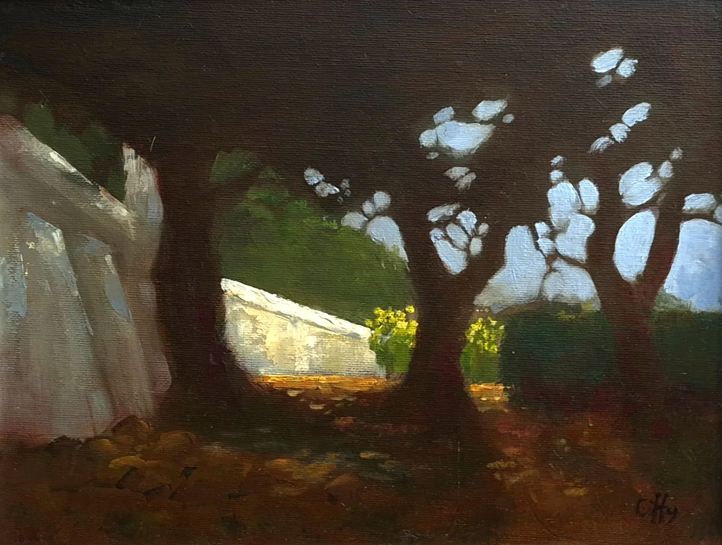 oil painting of shadows with white wall in the distance