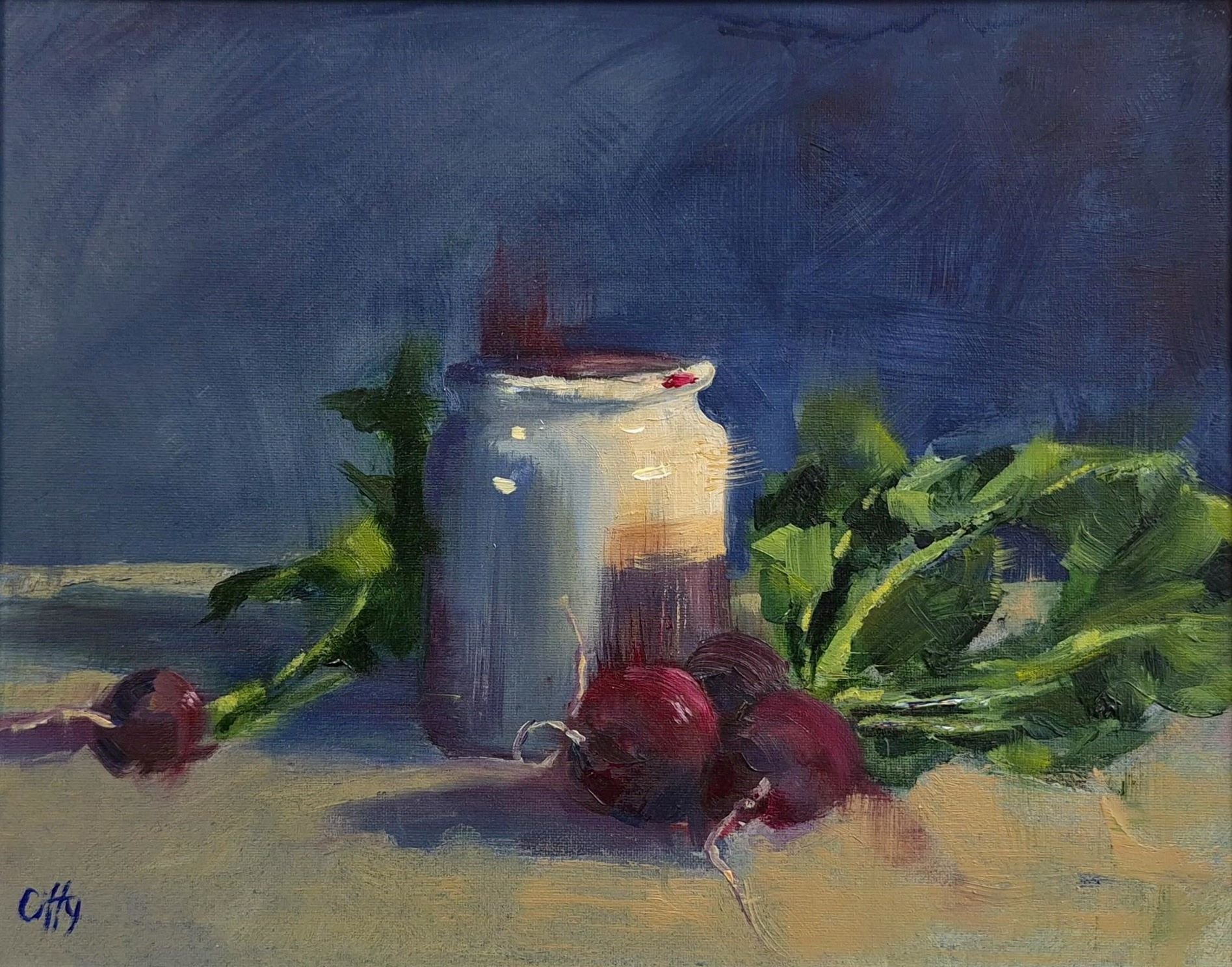 oil painting of mustard pot and beetroot