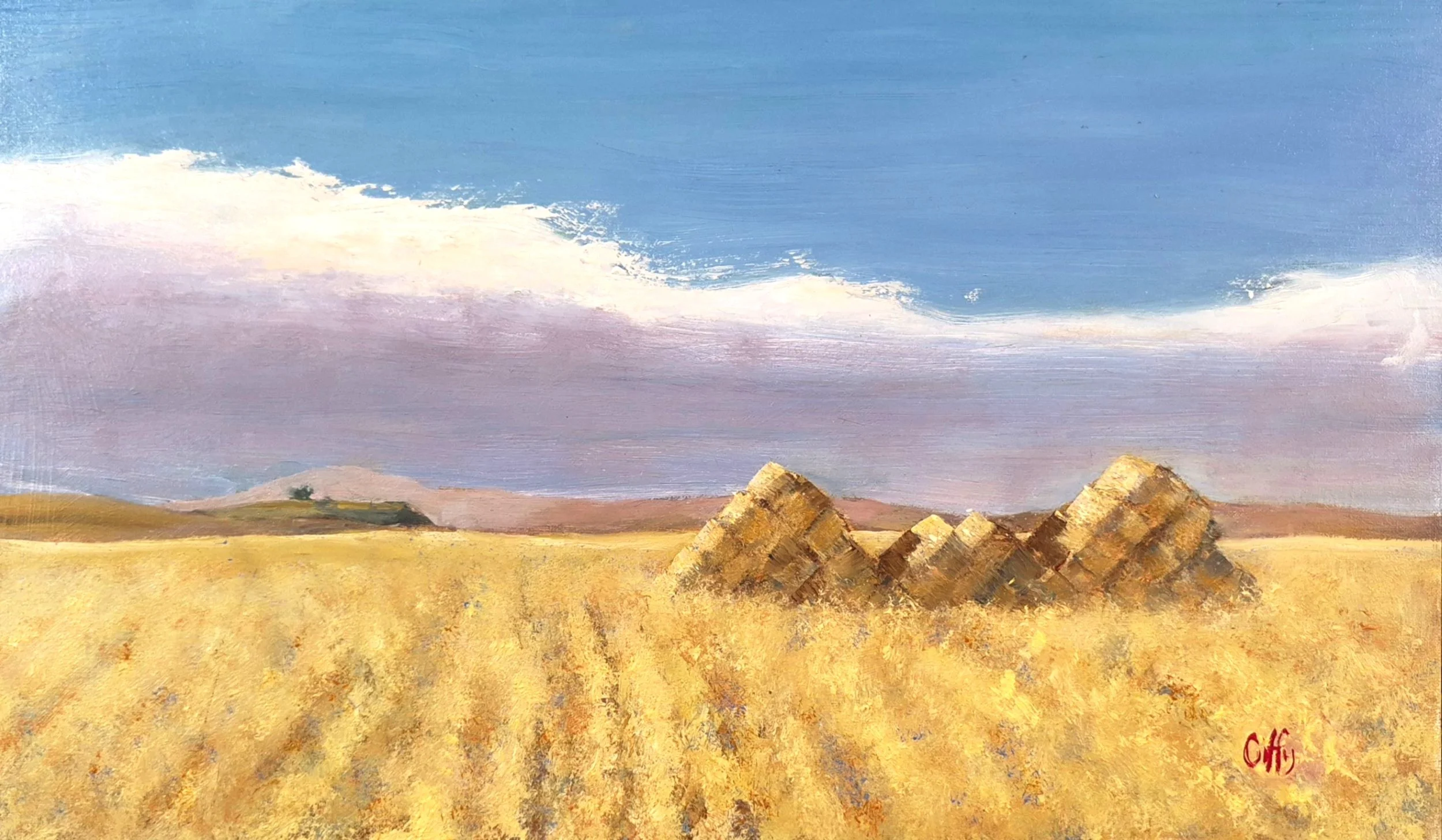 oil painting of hay bales