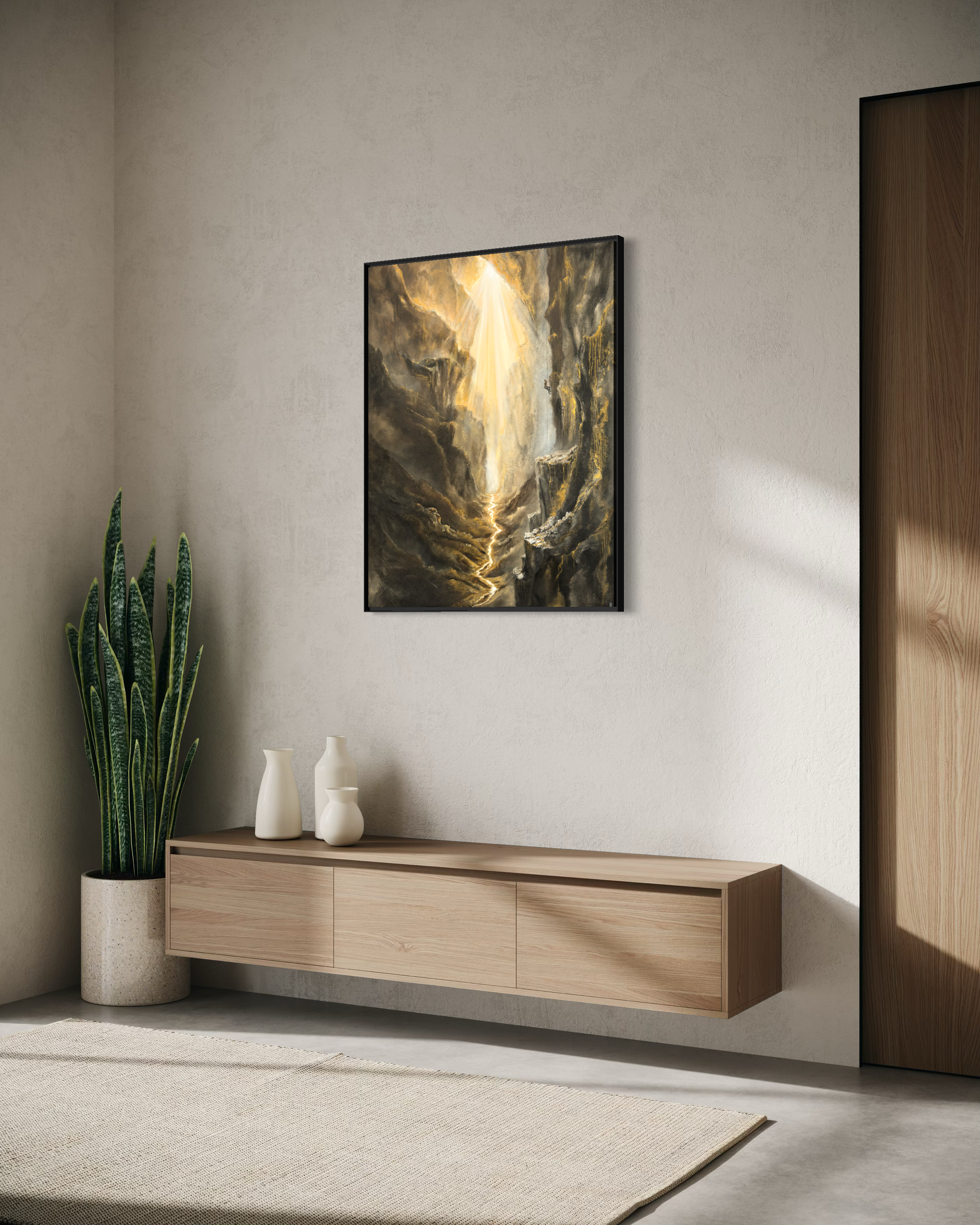 Living room corner featuring a light-colored textured wall, a wooden console table with white decorative vases, a tall snake plant in a terrazzo pot, a framed mountain landscape painting with golden accents, and a beige area rug on a concrete floor.