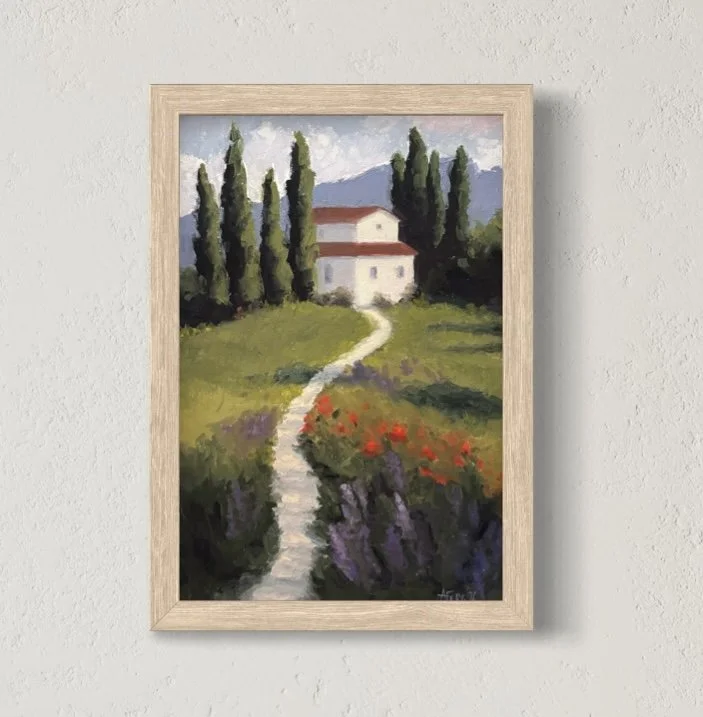 Tuscany flowers path white house trees 