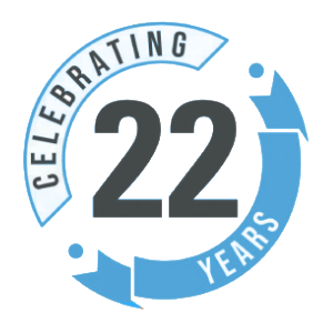 A circular logo celebrating 22 years, with the words 'Celebrating 22 Years' in black text, and blue arrow accents.