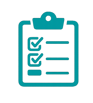 Icon of a clipboard with a checklist, including checkmarks and lines of text.