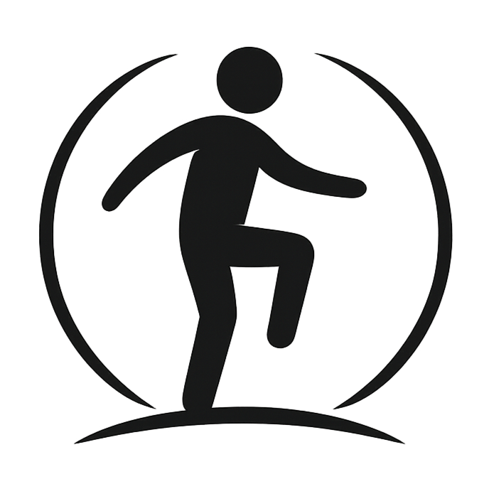 Silhouette of a person climbing inside a spherical shape with a curved line at the bottom.