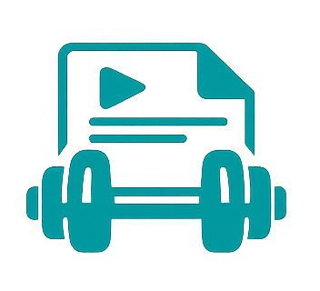 Icon of a video file with a play button and a dumbbell underneath, representing fitness or workout videos.