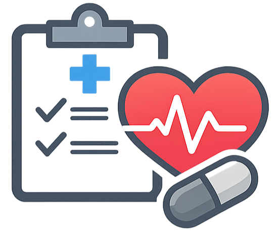 Icon of a clipboard with checklists, a heart with an heartbeat line, and a capsule pill.
