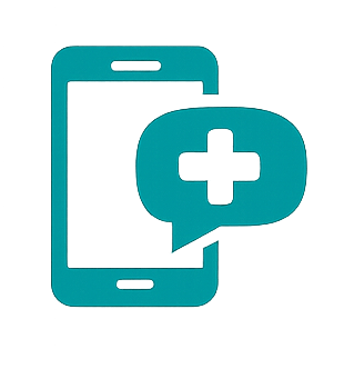 Icon of a smartphone with a speech bubble containing a medical cross.