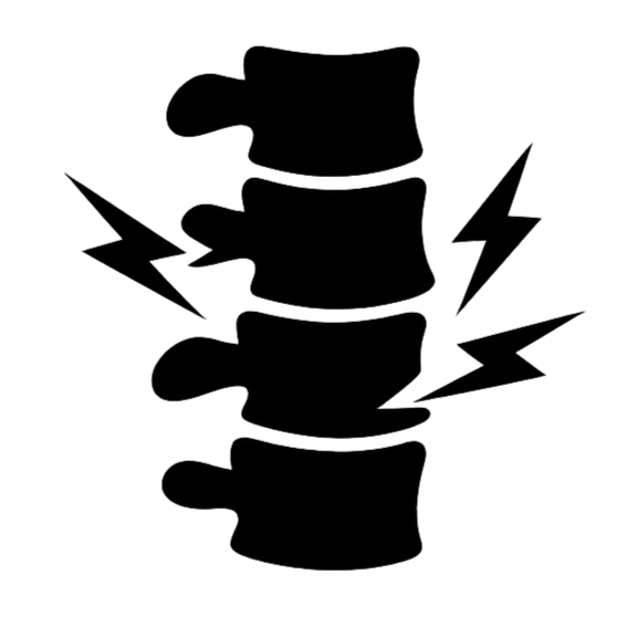Line drawing of a human spine with lightning bolts around it, representing back pain or spinal issues.