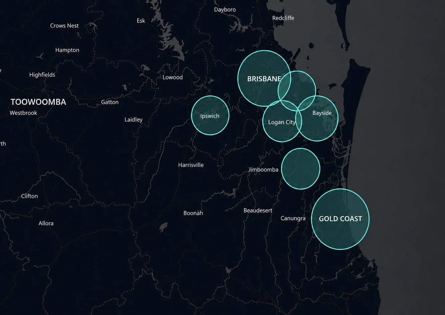 Map of Queensland, Australia, with highlighted regions including Brisbane, Gold Coast, Ipswich, Logan City, Bayside, and Jimoomba, indicated by glowing circles.