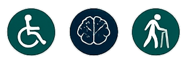 Accessibility symbols for wheelchair, brain, and walker