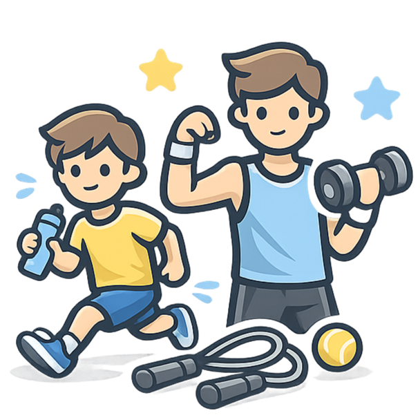 Two boys at the gym, one holding a water bottle and the other lifting a dumbbell, with workout equipment nearby.