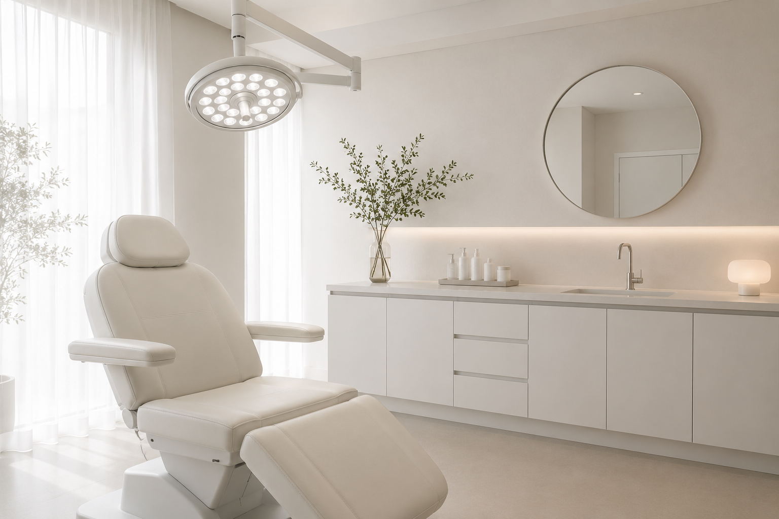 Sala de estética o consultorio médico con silla reclinable blanca, iluminación LED, espejo redondo y mobiliario blanco con jarrón de plantas y productos de cuidado facial.