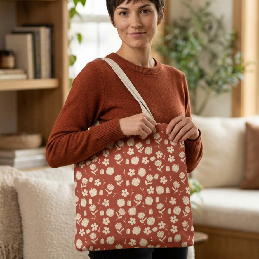 Fall Pumpkin & Floral Tote Bag, Rust