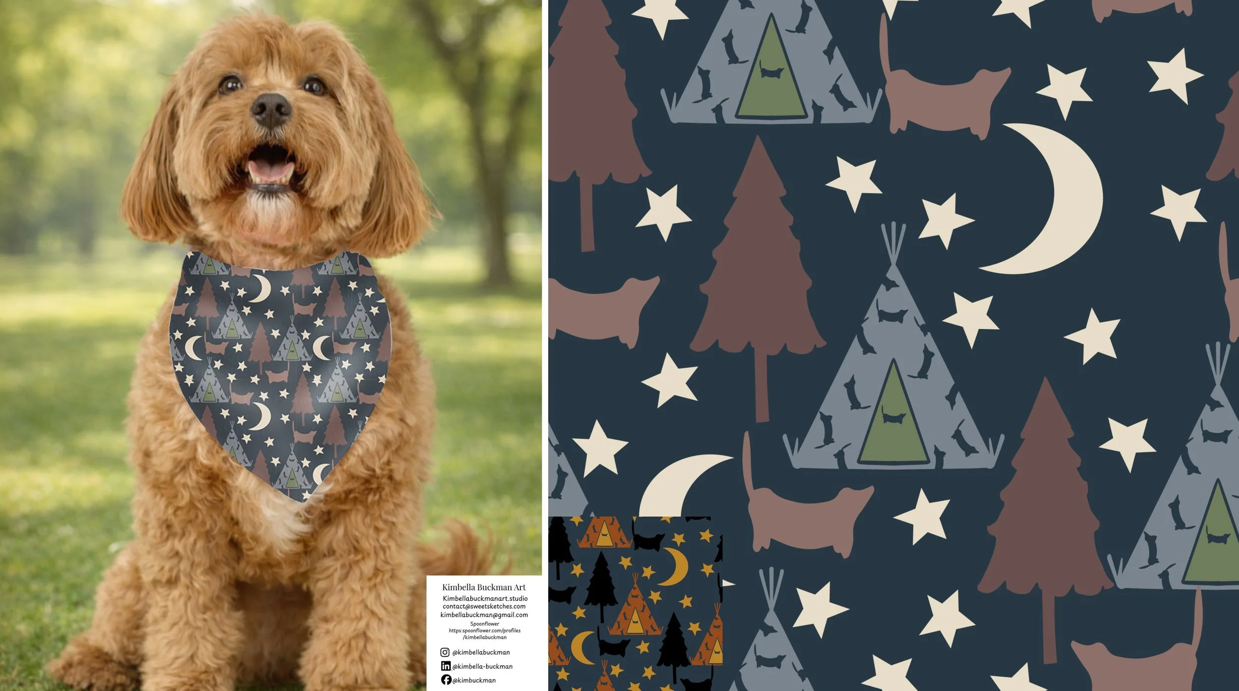 A picture of a doodle dog wearing a design on a bandana of dogs camping, in the licensing portfolio of Kimbella Buckman.
