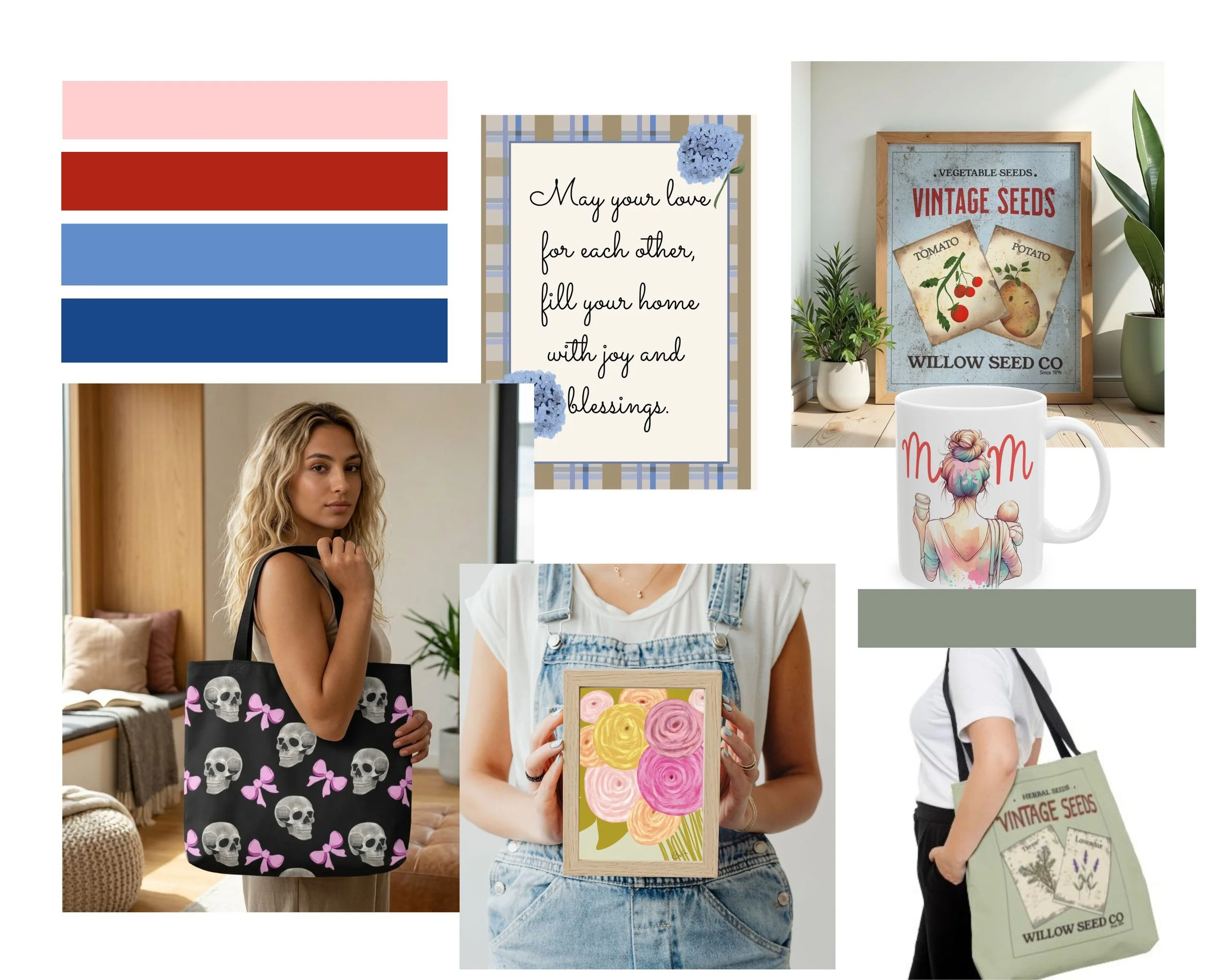 Collage of women holding various art supplies and items with plants, decorative signs, and a coffee mug.
