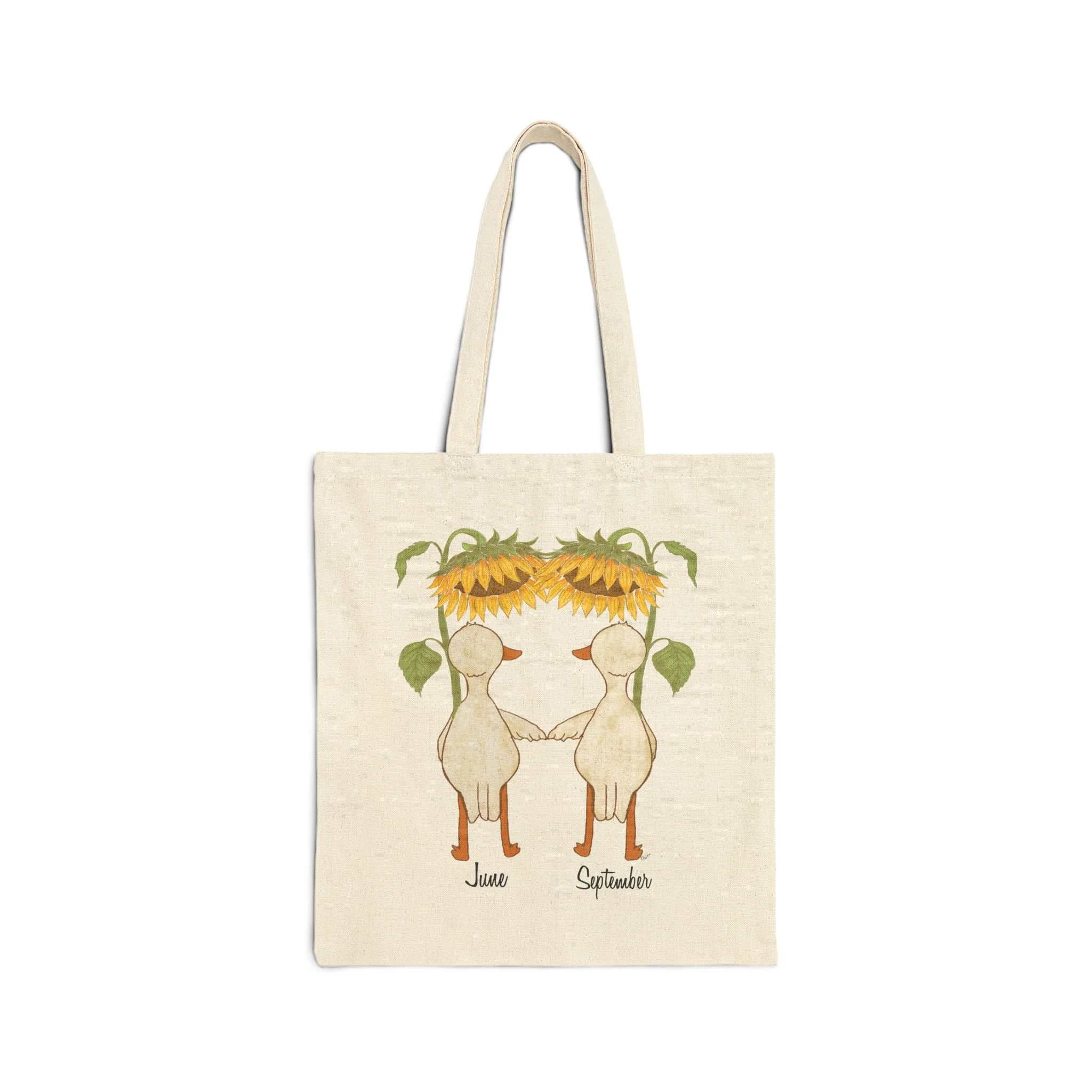Cotton Tote Bag front featuring hand illustrated ducks or geese with large sunflowers as umbrellas available for personalization