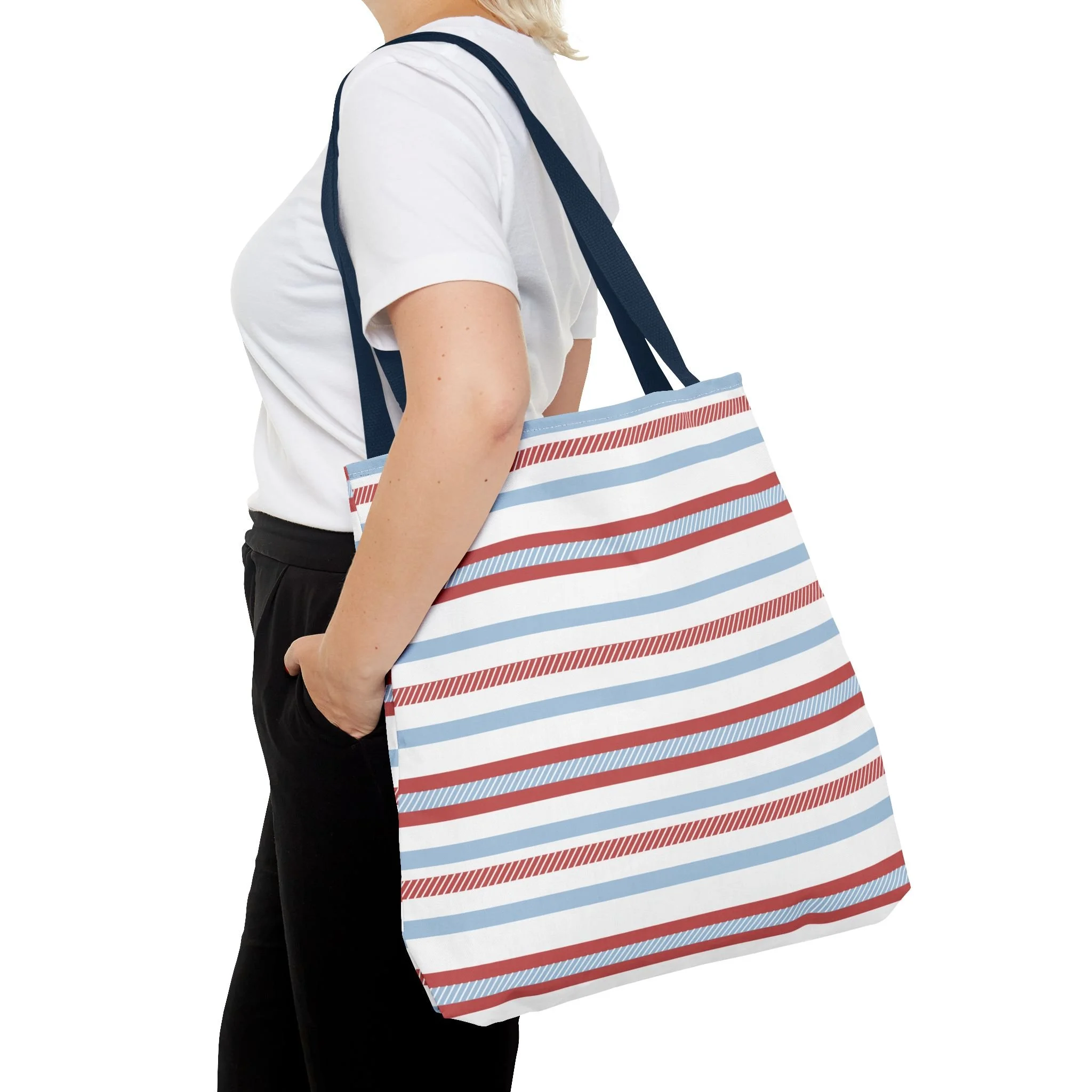 coastal striped tote bag 18 inch with navy stripe on female shoulder