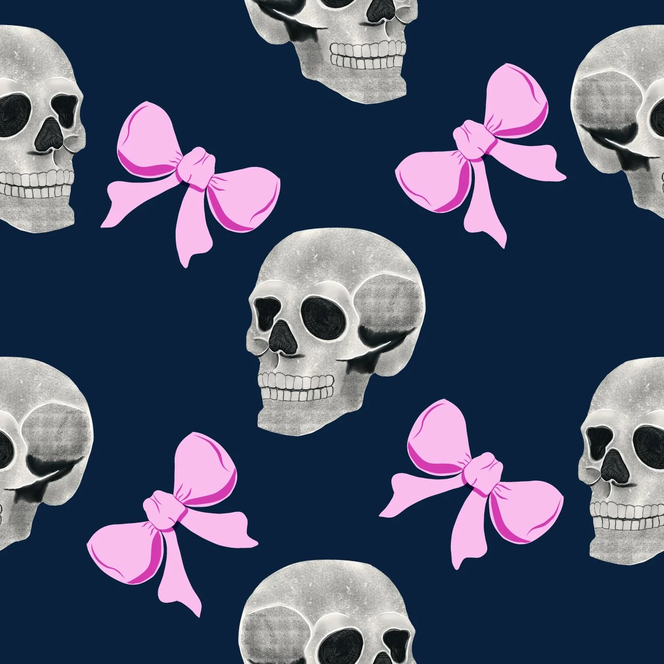 Pattern of skulls and pink bows on a dark background.