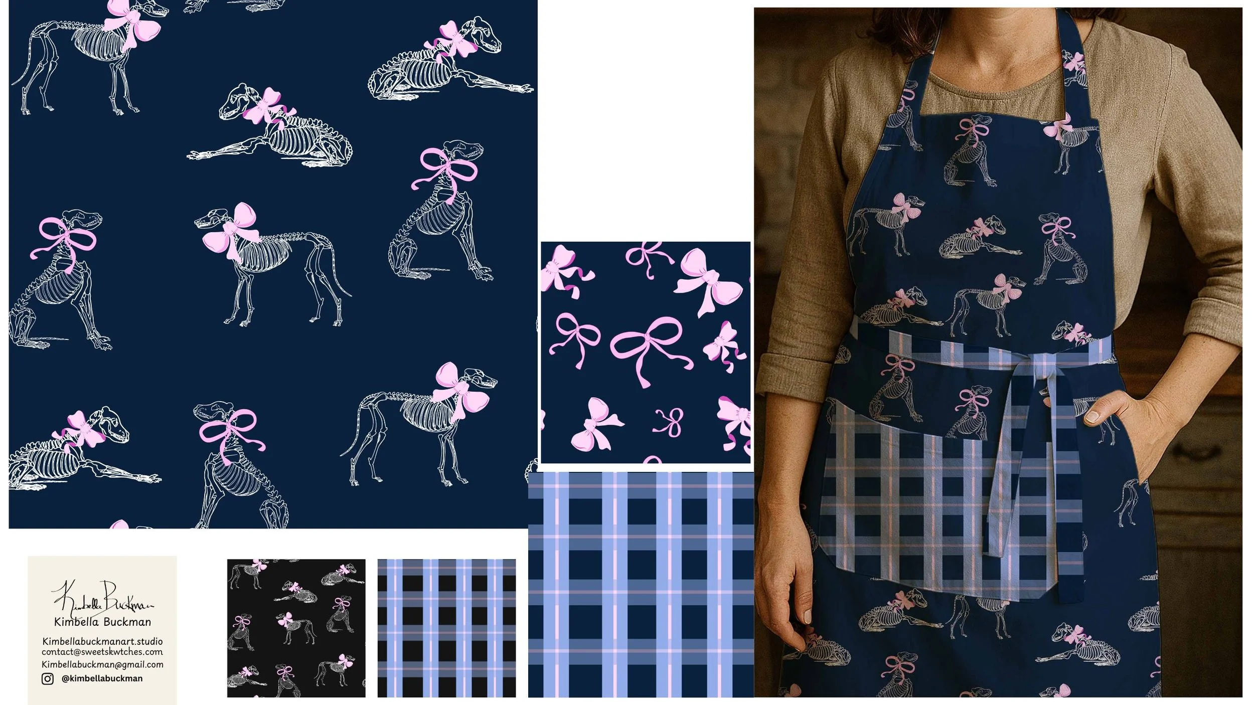 Designs featuring drawn skeletons of dogs with pink bows, presented on fabric samples, and a woman wearing a matching apron with the same pattern.
