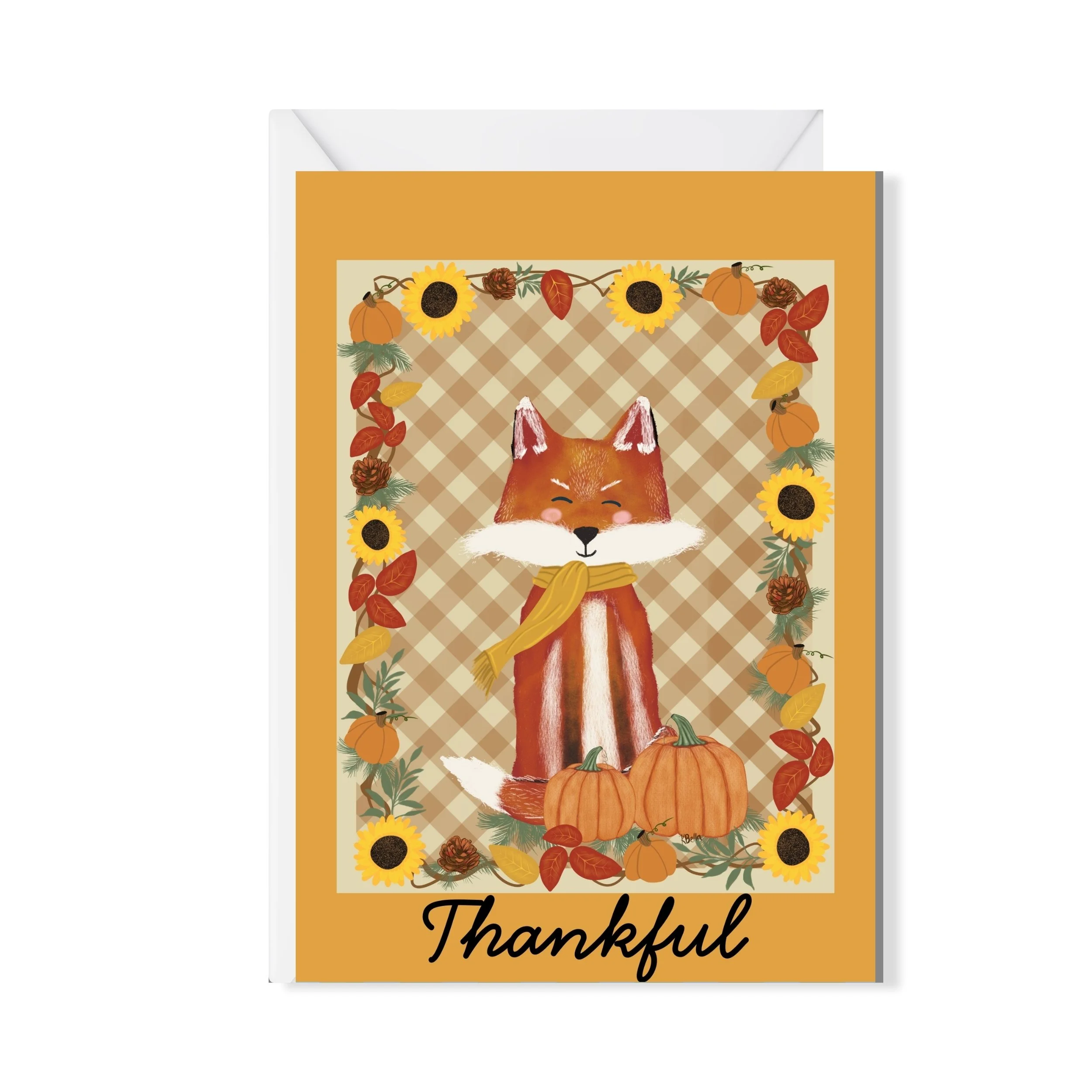 fall fox card with pumpkins, sunflowers, leaves and pinecones on orange background with gingham design