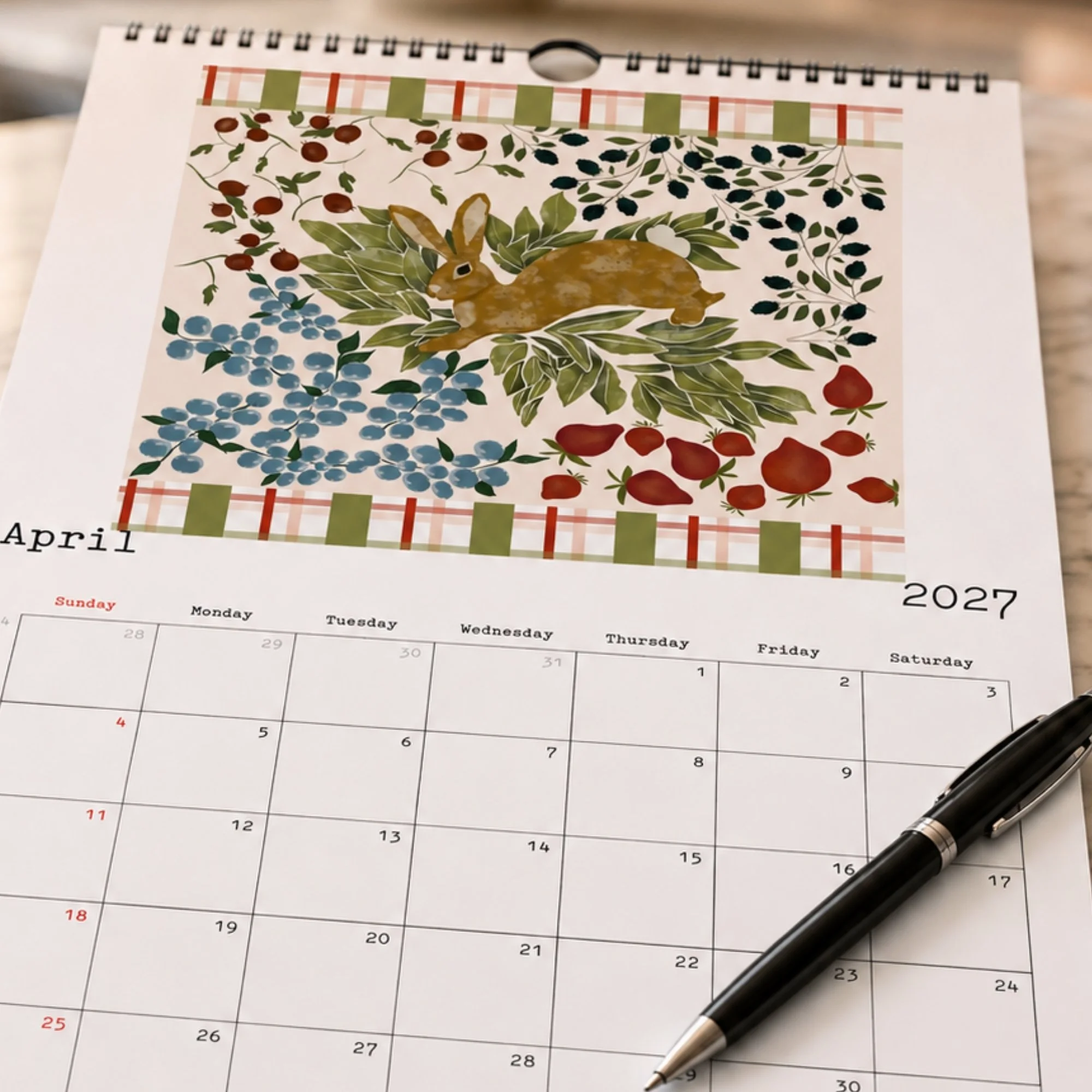 April calendar page with cute rabbit and blackberries, strawberries, blue berries and pink and green plaid.jpg