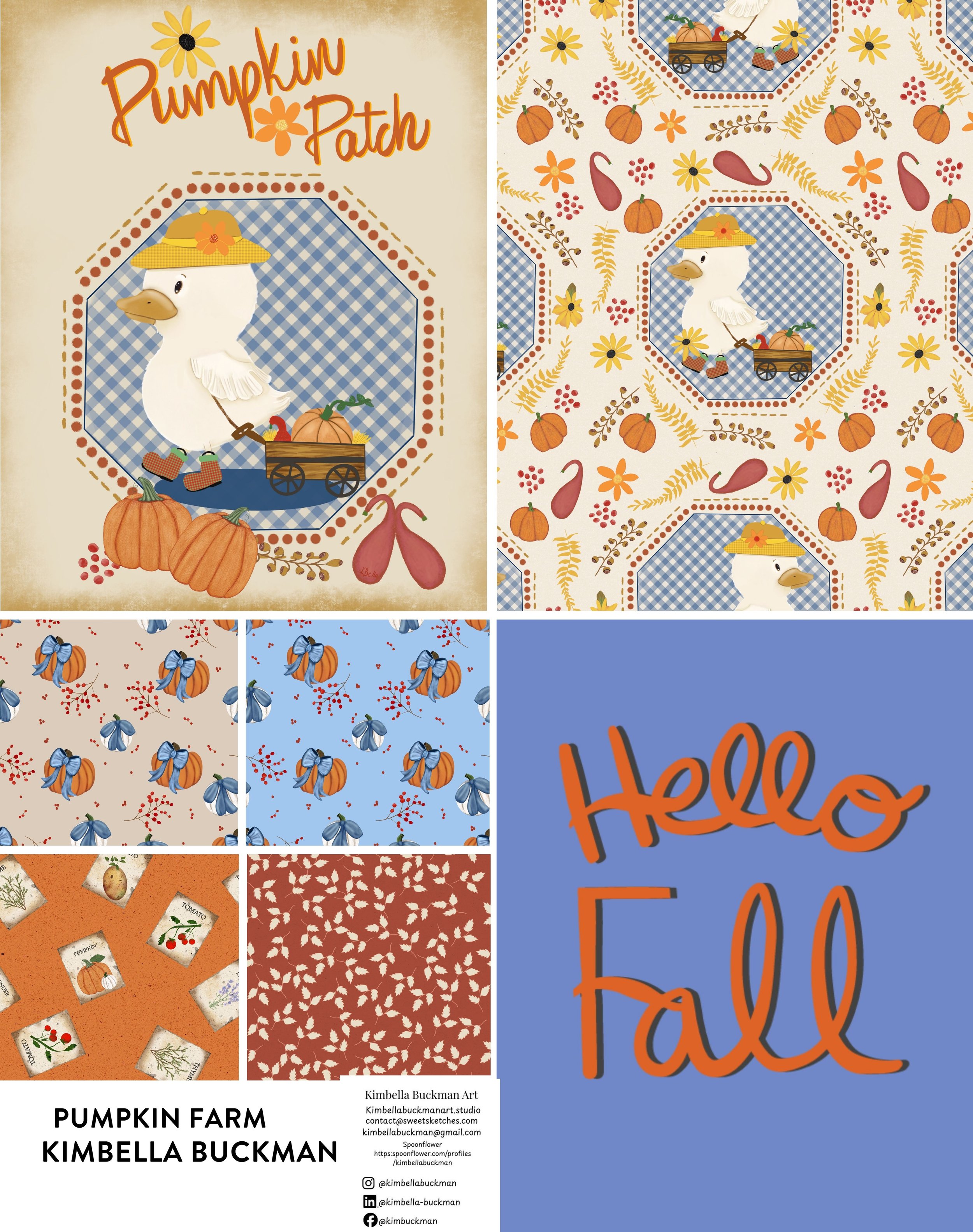 Designs featuring autumn and harvest themes, including pumpkins, gourds, flowers, leaves, and a goose wearing a straw hat, with patterns of pumpkins with bows and botanical illustrations, and promotional text for Kimbella Buckman's art studio.