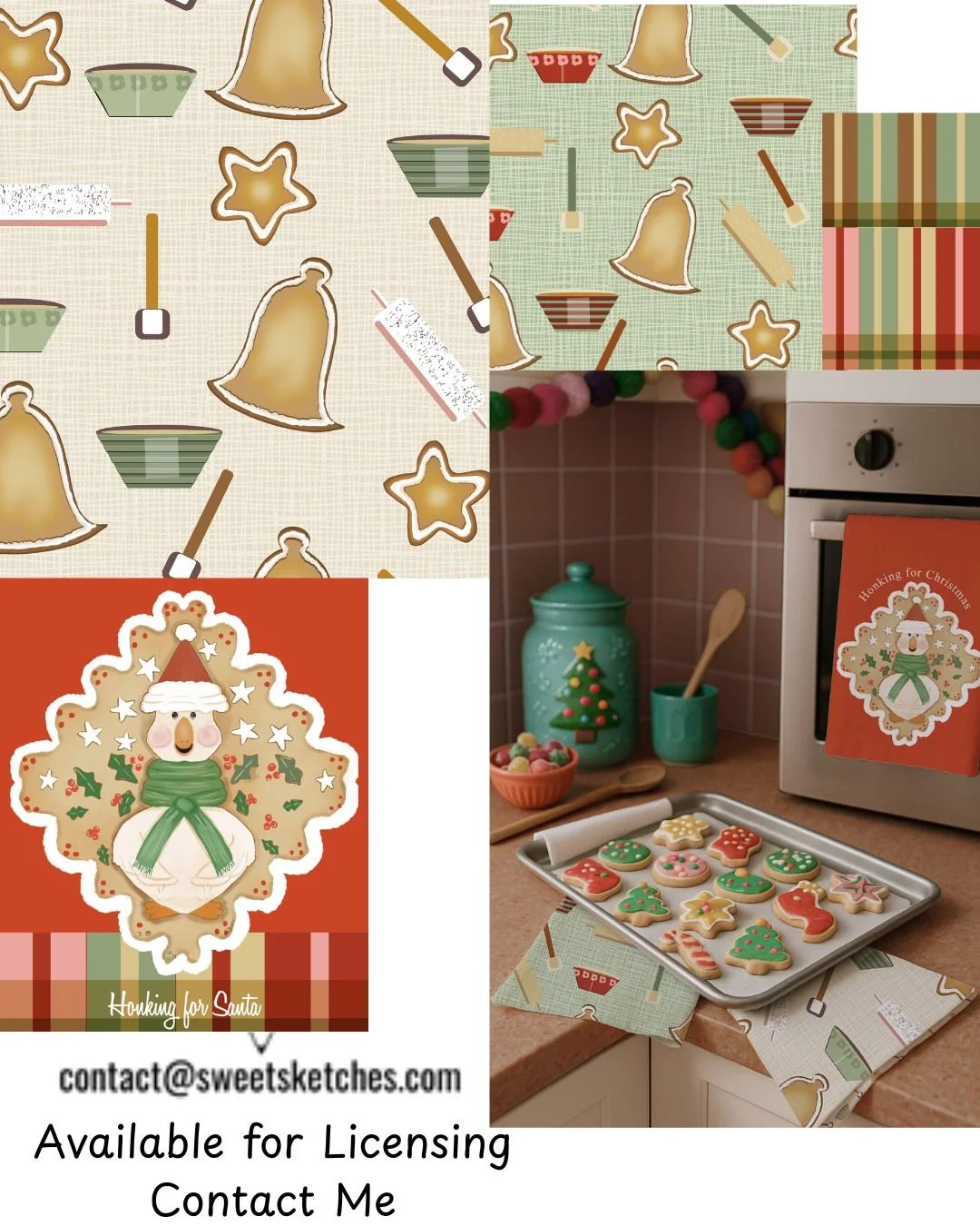 Multiple images of Christmas-themed cookies, holiday decorations, and gift wrapping. The cookies include various shapes like trees, stockings, stars, and gingerbread men, decorated with colorful icing. There are also Christmas cards, a jar with a Christmas tree design, and a kitchen scene with a tray of decorated cookies, a cupcake, and holiday decor.