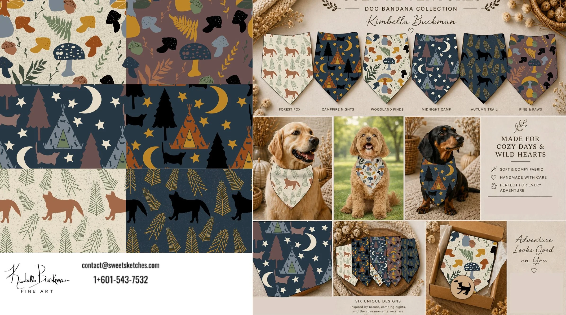 Collage of dog bandanas with nature-themed patterns, including mushrooms, animals, trees, stars, moon, and camping motifs, displayed on dogs and as fabric samples.