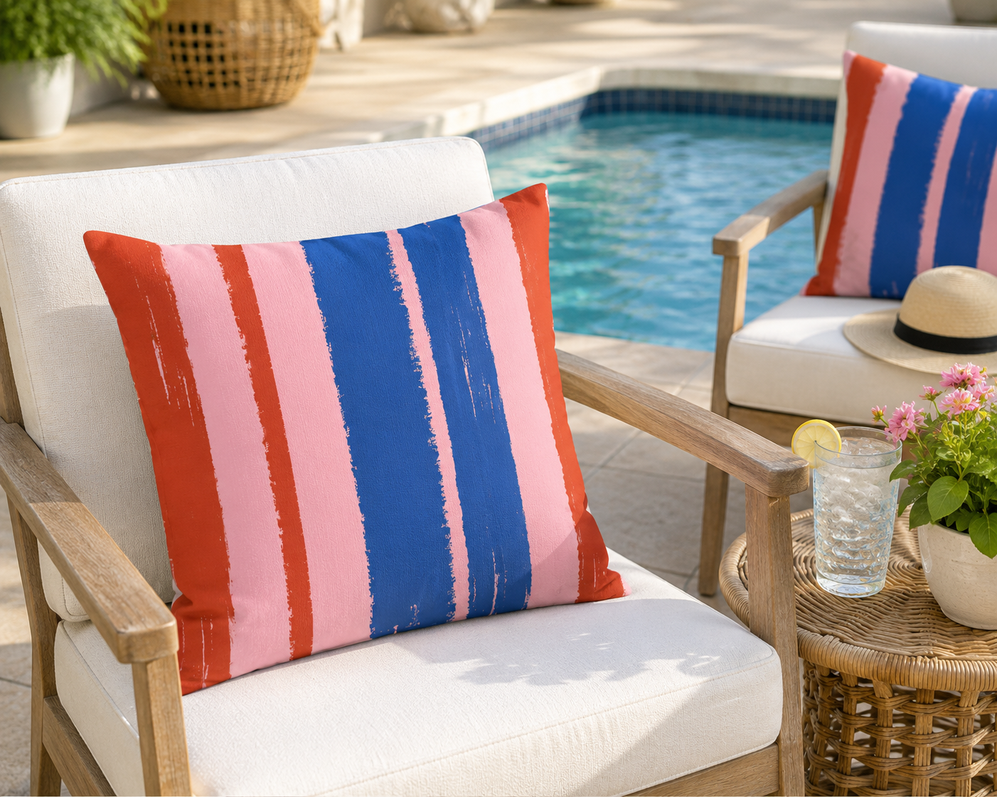 A textured striped pillow in a pool side chair, featuring the colors of a Bistro Red, Pink, and Cobalt Blue.  A Mediterranean design perfect for poolside entertaining or interior dopamine decor.
