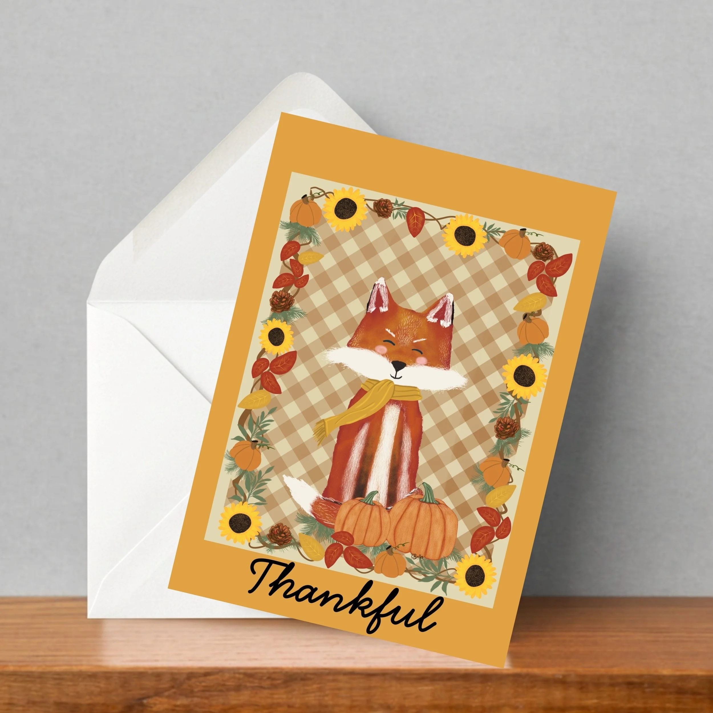 Fall fox card with envelope sitting on its side